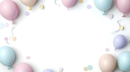 Pastel Balloons, Confetti Frame, White Background, Celebration Design, Invitation Template