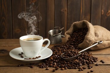 A hot, brown espresso in a white mug with roasted coffee beans, a perfect morning breakfast drink