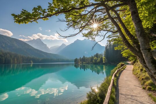 A scenic view of a lake in the mountains with clear water, surrounded by trees, rocks, and snow-capped peaks, reflecting the sky and clouds in a peaceful natural landscape