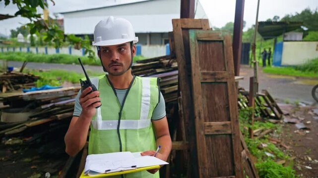 Construction Worker talking along walkie talkie on Site