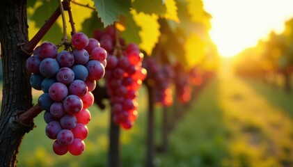 Fototapeta premium Golden hour sun bathes ripe grapes hanging heavy on vines , grapes, leaves