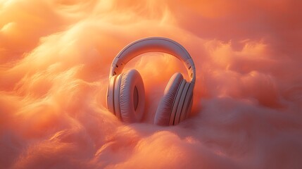 A pair of headphones resting on a peach fuzz-covered table, bathed in soft, glowing light.