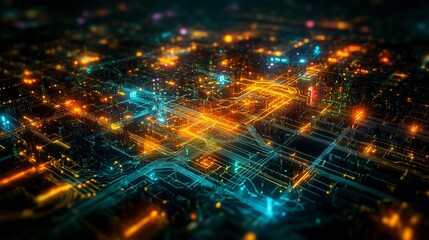 Obraz premium A vibrant, illuminated circuit board design showcasing complex, interconnected pathways glows in blue and orange hues.