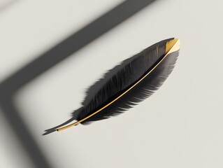 Elegant Black Feather with Golden Tip: Minimalist Shadow Art