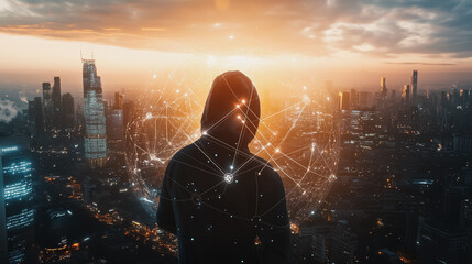 Fototapeta premium Hacker are planning to hack and attack networks and cyber security systems. Smart digital city with connection cyber security network reciprocity over the cityscape .