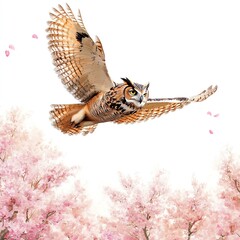 Fototapeta premium A majestic owl flying gracefully over blooming cherry blossom trees.