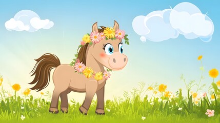 Fototapeta premium Happy horse wearing a flower garland standing in a grassy field under a sunny sky, showcasing a cheerful and whimsical design, perfect for kids and playful illustrations