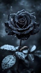 A black rose with droplets in a moody setting.
