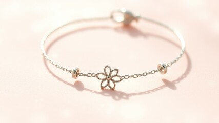 Delicate silver chain bracelet with a flower charm and round accents resting on a soft pink surface