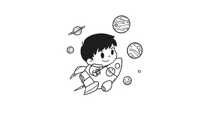 Adventurous little astronaut floating in outer space, surrounded by planets, a rocket ship, and cosmic stars, illustrated in playful black-and-white cartoon line art style for children's activities