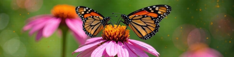 Fototapeta premium Two monarch butterflies nectaring on vibrant purple coneflowers , fauna, flower