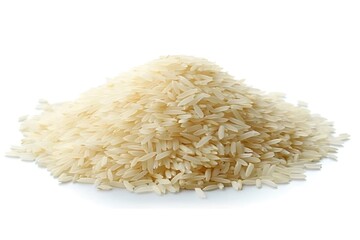 Raw rice in a wooden bowl with basil leaves on a white background
