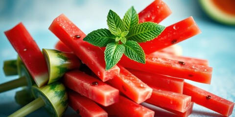 A cluster of watermelon slices, cut into long rectangular shapes, garnished with fresh mint leaves, arranged on a blue surface. The slices have a glistening texture, highlighting their juicy nature.