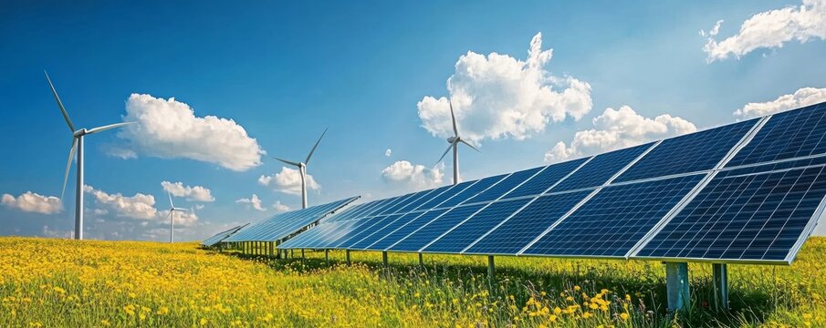 Solar panels and wind turbines in a sunny field with clear blue skies