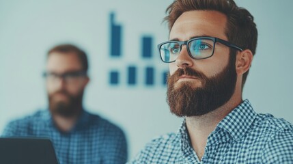 Obraz premium Young Businessman with Beard Focused on Presentation in Modern Office Setting