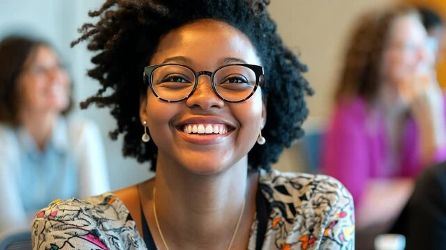 A happy young woman participates in a workshop on branding, learning how to leverage personal stories to build meaningful connections
