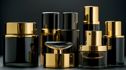Fototapeta premium Luxury Perfume Bottles Gold Accents Dark Background Studio Shot Product Photography