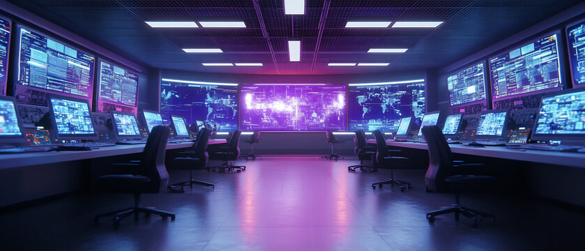Global network monitoring center. Data analysis, cybersecurity - Powered by Adobe