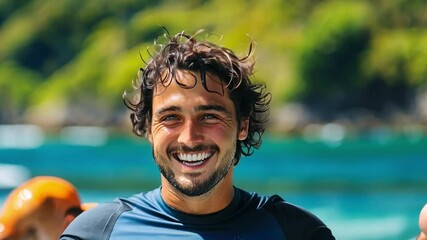 A happy man participates in a surfing event, enjoying the thrill of catching waves while learning about environmental conservation in coastal regions.