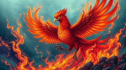 Obraz premium A phoenix with red and orange feathers and golden eyes rises from a sea of fire. Cool blues, greens, and purples dominate the palette, creating a contrast to the intense heat of the flames.