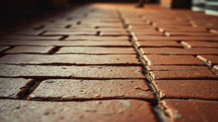 A close-up view of red brick pavement, showcasing the intricate details and textures of the bricks, creating a sense of depth and perspective.