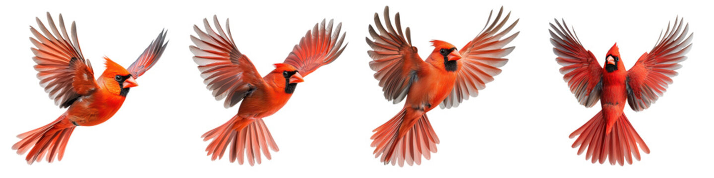 Majestic red cardinal bird spreading its wings and soaring in midair against a natural outdoor background