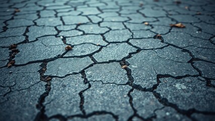 Obraz premium Cracked pavement surface with intricate patterns and a subtle blue tint. The texture of the pavement is visible through the cracks.