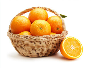 Fresh oranges arranged in a wicker basket placed on a clean white surface symbolizing healthy eating organic produce vitamin C and the vibrant freshness of tropical citrus fruits