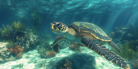 Obraz premium A picture of a sea turtle swimming in the coral reef sea