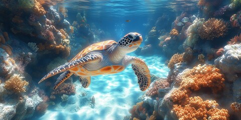 Fototapeta premium A picture of a sea turtle swimming in the coral reef sea