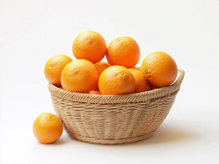 Wicker basket filled with fresh oranges placed on a clean white background symbolizing natural nutrition healthy snacks organic fruits and the vibrant benefits of vitamin C-rich citrus produce
