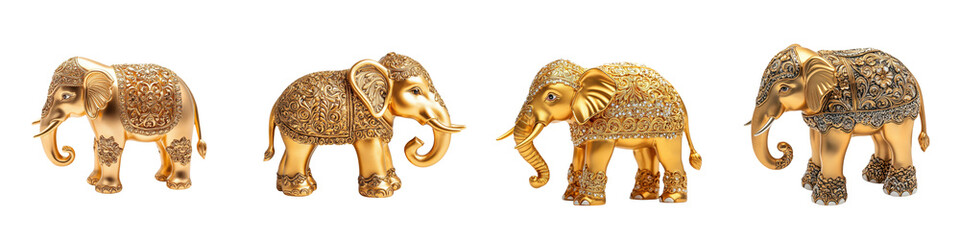 Meticulously crafted golden elephant statues that showcase the intricate and ornate metalwork and decorative of traditional Indian craftsmanship  These opulent