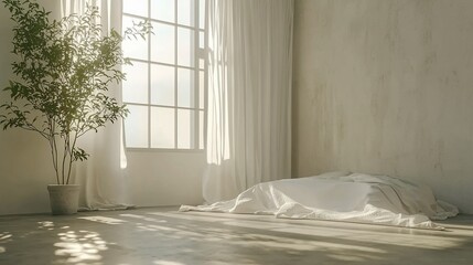 Sunlit bedroom with unmade bed, plant, and large window.