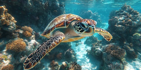 Fototapeta premium A picture of a sea turtle swimming in the coral reef sea