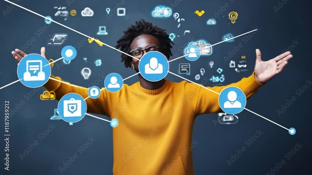 Wall mural a happy young man explores advanced cloud computing applications in a collaborative seminar for desi