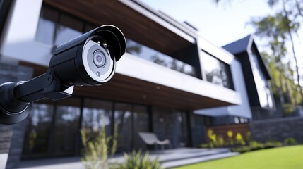 Security camera mounted on modern house exterior, providing home surveillance.