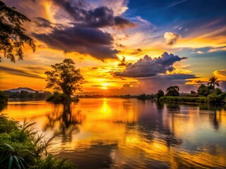 Fototapeta premium Golden hour paints the Mae Khong River sunset, silhouetting the landscape against a dramatic sky.