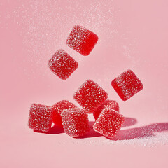 Delicious red gummy candies sprinkled with sugar, floating against pink background, creating playful and vibrant scene. Perfect for sweet treats and desserts