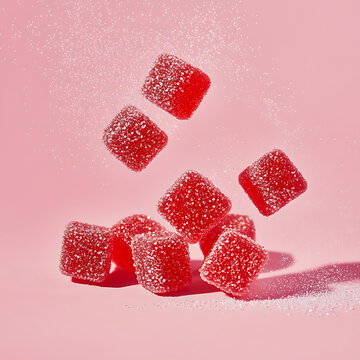 Delicious red gummy candies sprinkled with sugar, floating against pink background, creating playful and vibrant scene. Perfect for sweet treats and desserts