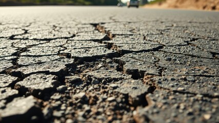 Obraz premium Cracked asphalt road surface, a close-up view of the texture and detail of the damage, showing a network of fissures and uneven sections, revealing the underlying gravel and aggregate.