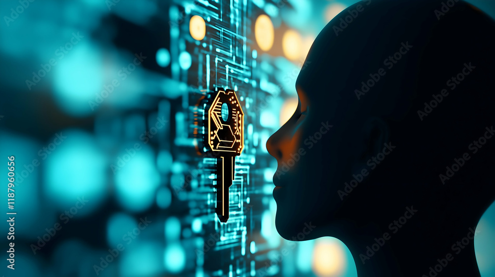 Poster a futuristic silhouette interacts with a digital interface, featuring circuitry and a key symbol, sy