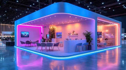 Modern exhibition booth with vibrant lighting.