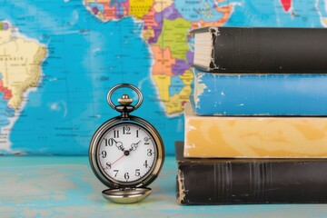 Vintage Pocket Watch Clock, Book, Set Against an Ancient Map Background