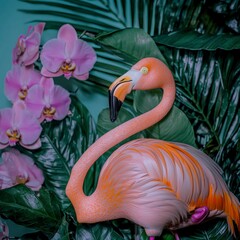 Pink Flamingo Tropical Paradise  Summer Beach Exotic Bird Orchid Leaves