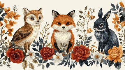 Obraz premium Whimsical forest animals with floral accents.