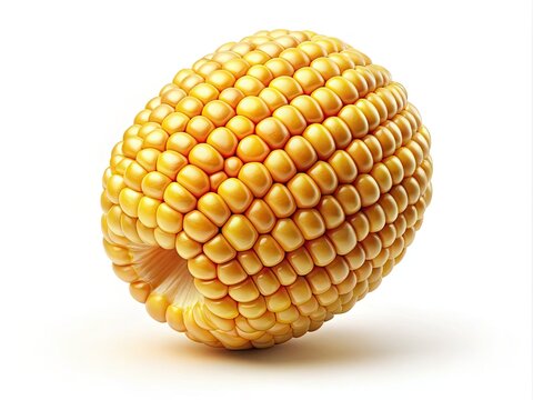 High-resolution image: a single cornball falls, isolated against a stark white background. Architectural photography style.