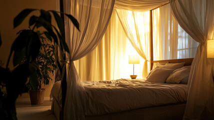 Fototapeta premium Serene Canopy Bedroom. Canopy bed, sheer curtains & soft light. Peaceful & tranquil sleep space. Elegant & romantic bedroom interior