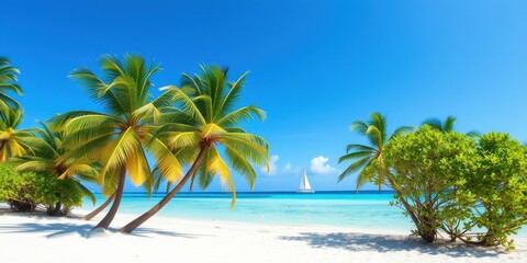 Obraz premium Tranquil tropical beach with swaying palm trees, pristine white sand, and a solitary sailboat gliding on the turquoise water.