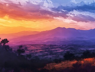 Fototapeta premium Sunset Mountain Landscape: A Serene Impressionist Vista