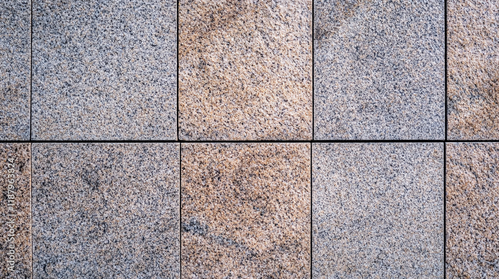 Poster textured granite tiles arranged in a geometric pattern on a flat surface